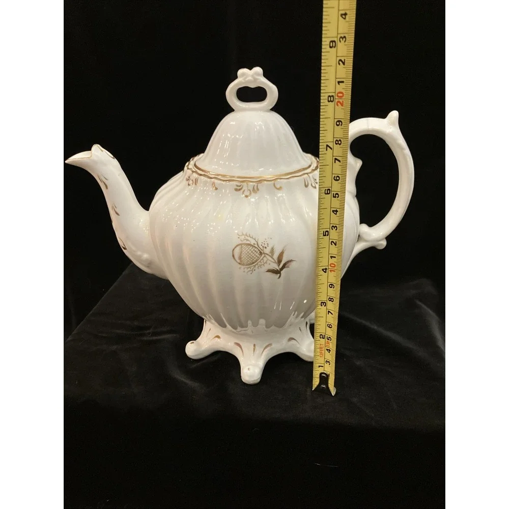 Antique Staffordshire England 6 Footed Porcelain & Stoneware Teapot White Gold